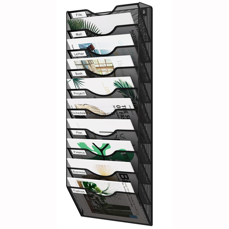 EasyPAG 10 Pocket Mesh Wall File Organizer, Hanging Paper Folder Holder with Classify Label, Vertical Wall Mount Mail Organizer for Office Home Classroom, Black - Image 1
